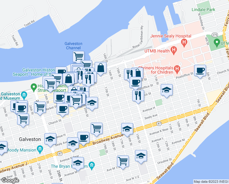 map of restaurants, bars, coffee shops, grocery stores, and more near 409 16th Street in Galveston