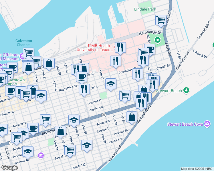 map of restaurants, bars, coffee shops, grocery stores, and more near 1019 Church Street in Galveston