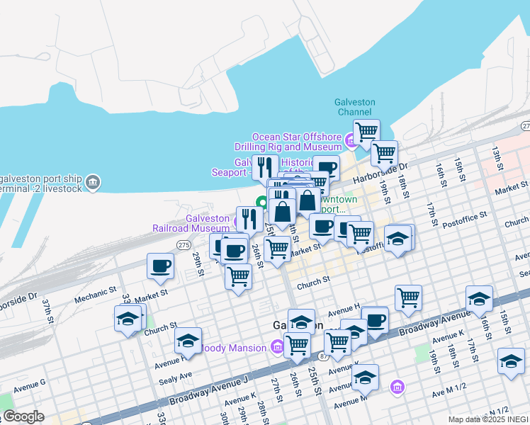 map of restaurants, bars, coffee shops, grocery stores, and more near 111 Rosenberg Street in Galveston