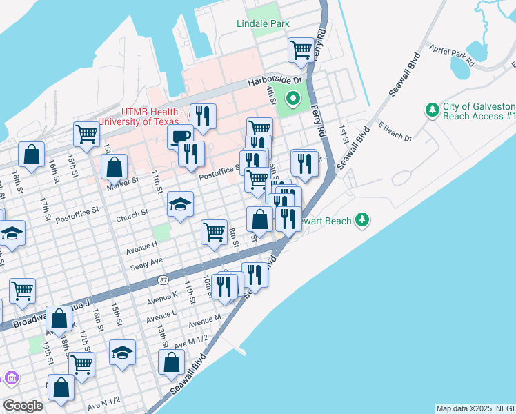 map of restaurants, bars, coffee shops, grocery stores, and more near 500 Seawall Boulevard in Galveston