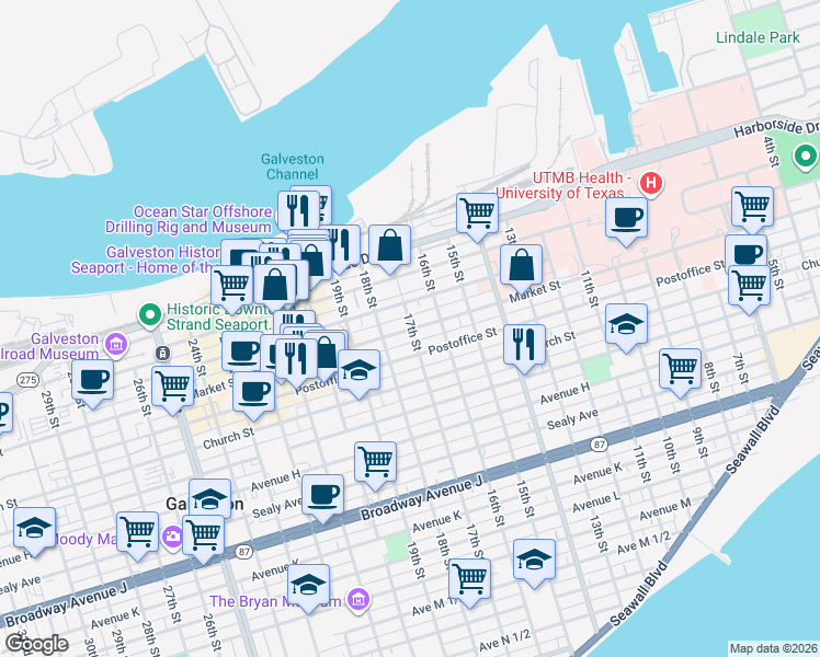 map of restaurants, bars, coffee shops, grocery stores, and more near 1625 Market Street in Galveston