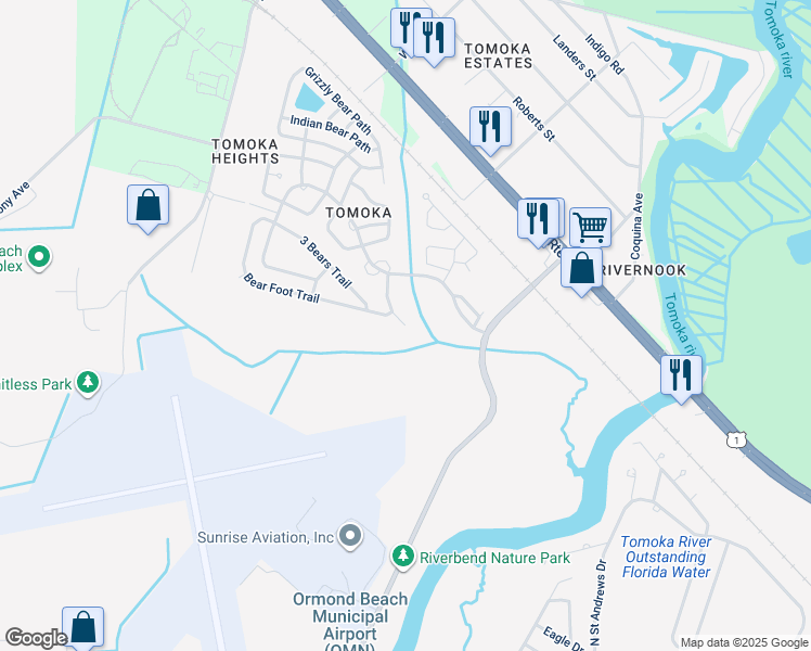 map of restaurants, bars, coffee shops, grocery stores, and more near 99 Kodiak Path in Ormond Beach