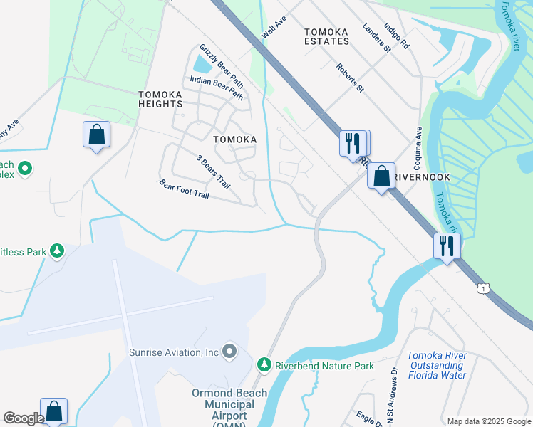 map of restaurants, bars, coffee shops, grocery stores, and more near 99 Kodiak Path in Ormond Beach