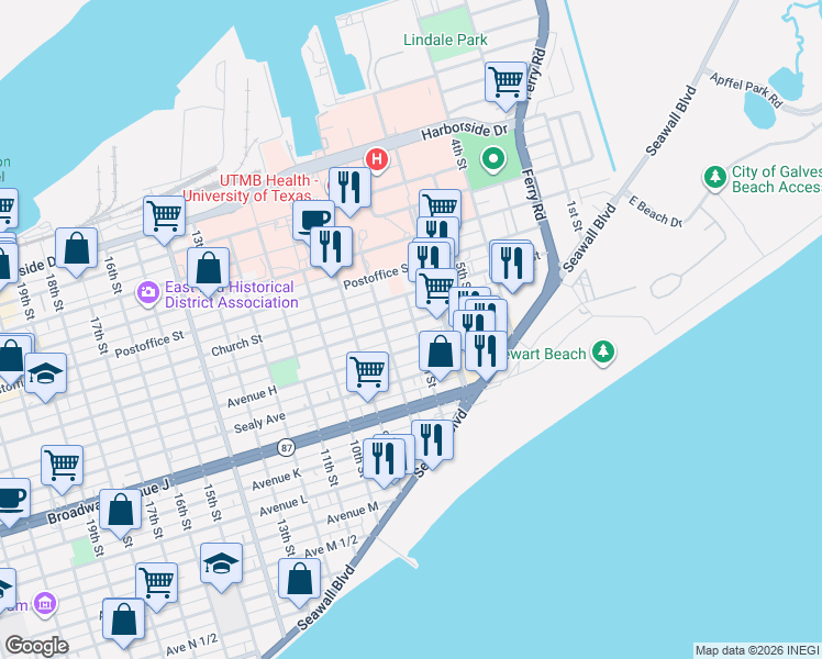 map of restaurants, bars, coffee shops, grocery stores, and more near 721 7th Street in Galveston