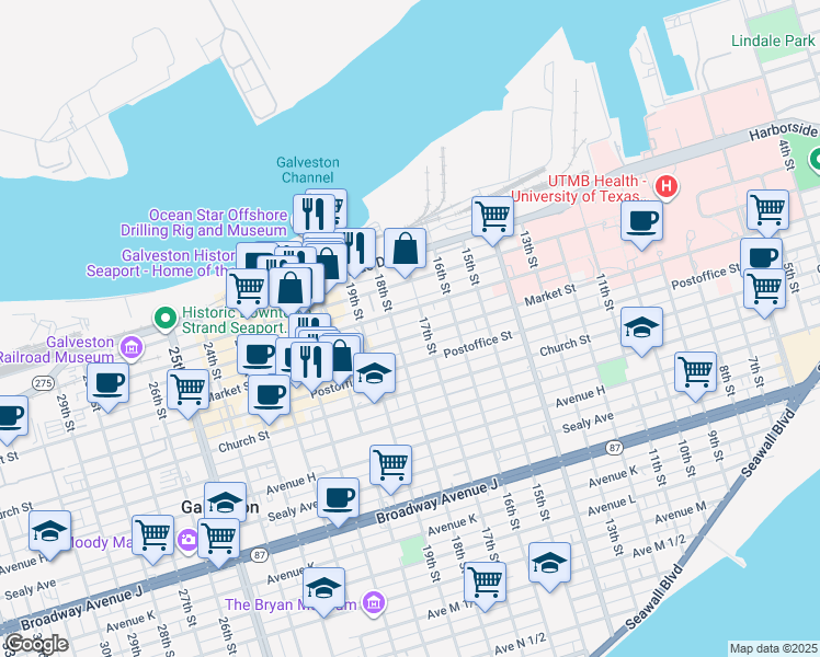 map of restaurants, bars, coffee shops, grocery stores, and more near 1728 Market Street in Galveston