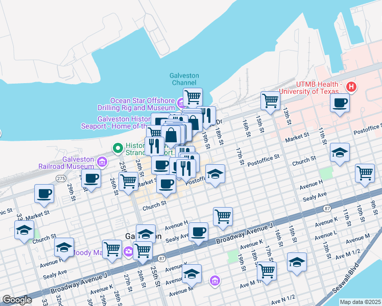 map of restaurants, bars, coffee shops, grocery stores, and more near 2002 Mechanic Street in Galveston