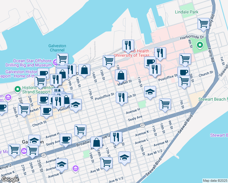 map of restaurants, bars, coffee shops, grocery stores, and more near 1409 Postoffice Street in Galveston