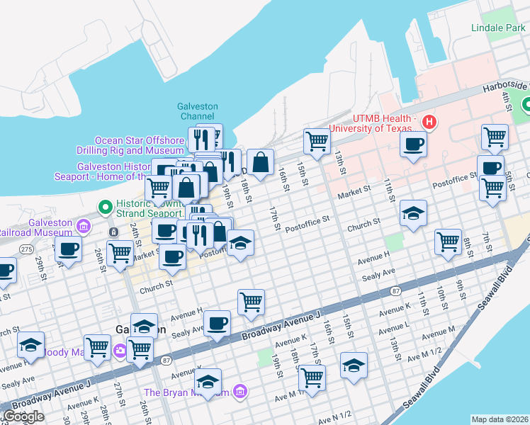map of restaurants, bars, coffee shops, grocery stores, and more near 1728 Market Street in Galveston