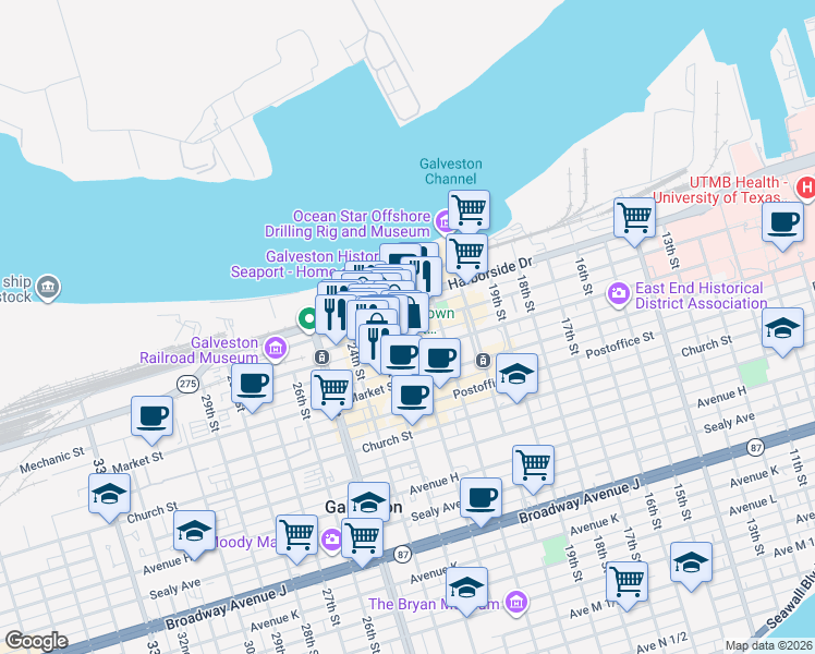 map of restaurants, bars, coffee shops, grocery stores, and more near 2302 Mechanic Street in Galveston