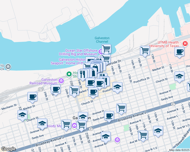 map of restaurants, bars, coffee shops, grocery stores, and more near 2110 Mechanic Street in Galveston
