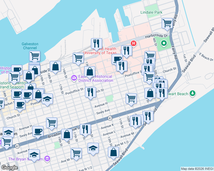 map of restaurants, bars, coffee shops, grocery stores, and more near 1127 Church Street in Galveston