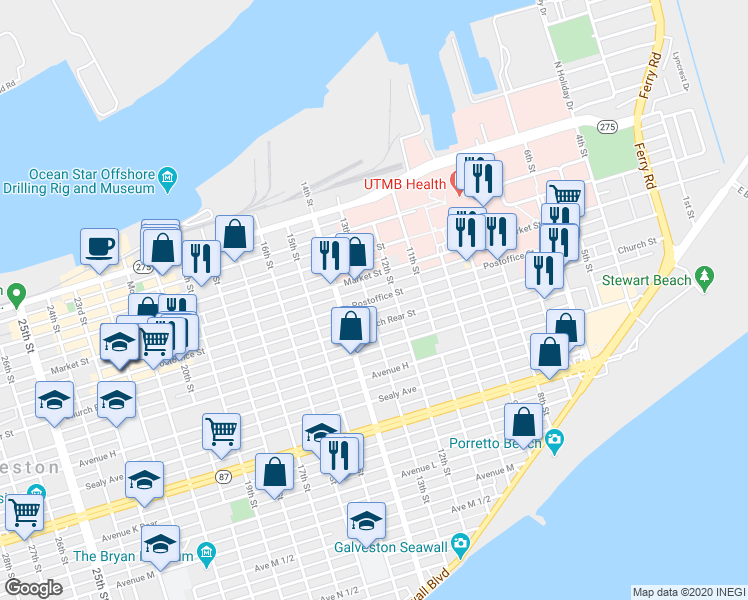 map of restaurants, bars, coffee shops, grocery stores, and more near 1223 Post Office Street in Galveston