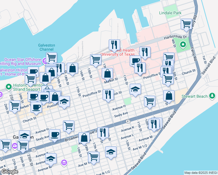 map of restaurants, bars, coffee shops, grocery stores, and more near 515 13th Street in Galveston