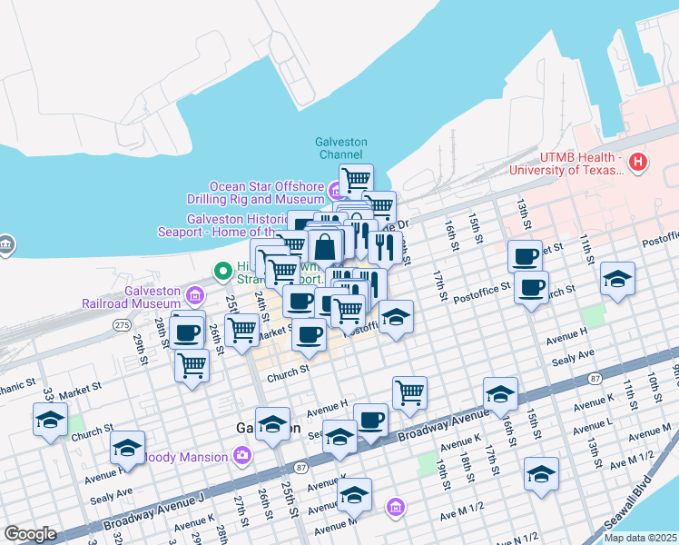 map of restaurants, bars, coffee shops, grocery stores, and more near 2002 Mechanic Street in Galveston