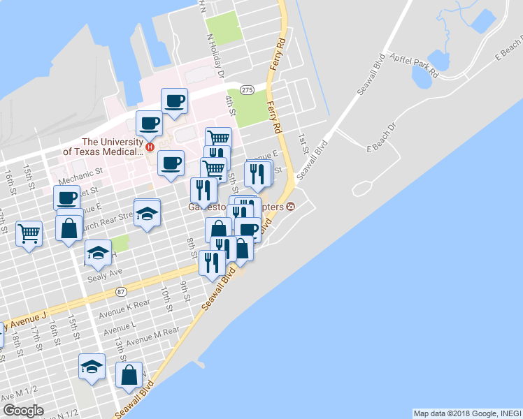map of restaurants, bars, coffee shops, grocery stores, and more near 715 Holiday Drive in Galveston