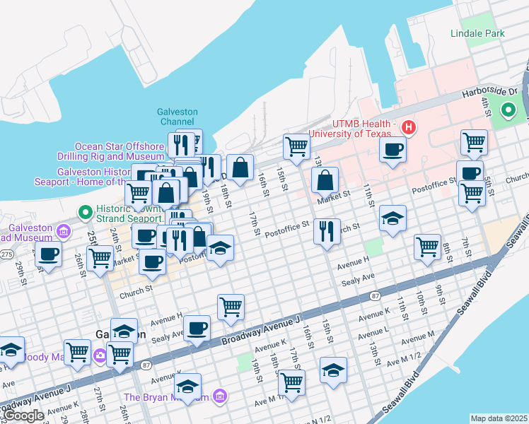 map of restaurants, bars, coffee shops, grocery stores, and more near 1625 Market Street in Galveston