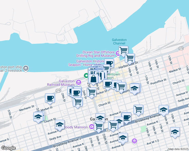 map of restaurants, bars, coffee shops, grocery stores, and more near 2328 Strand Street in Galveston