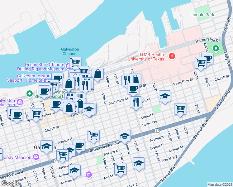 map of restaurants, bars, coffee shops, grocery stores, and more near 1502 Postoffice St in Galveston