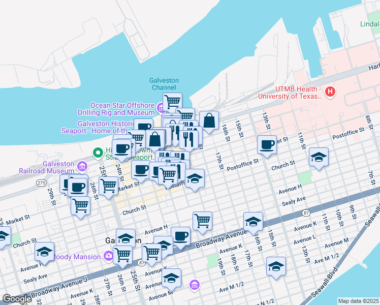 map of restaurants, bars, coffee shops, grocery stores, and more near 1 Moody Avenue in Galveston