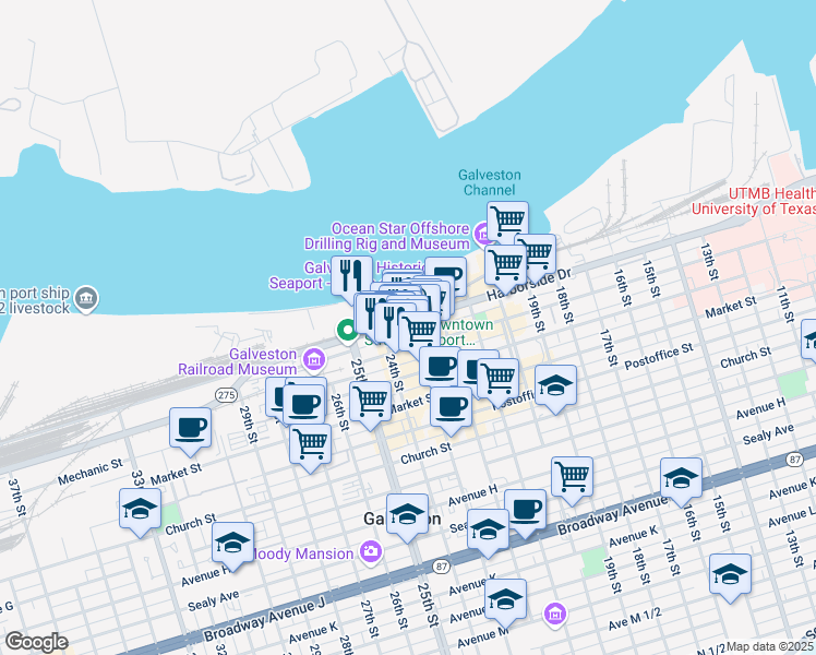 map of restaurants, bars, coffee shops, grocery stores, and more near 2341-2399 Harborside Drive in Galveston