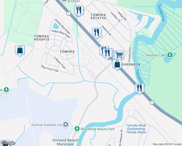map of restaurants, bars, coffee shops, grocery stores, and more near 23-27 Bear Creek Path in Ormond Beach