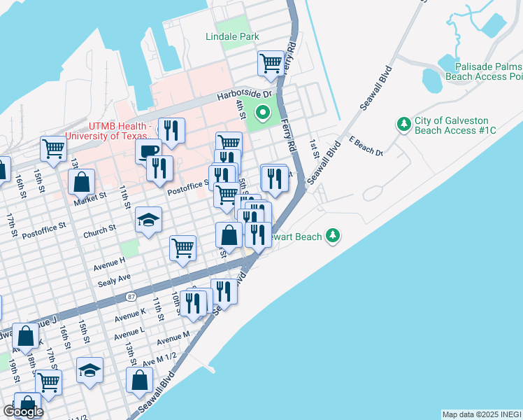 map of restaurants, bars, coffee shops, grocery stores, and more near 615 Holiday Drive in Galveston