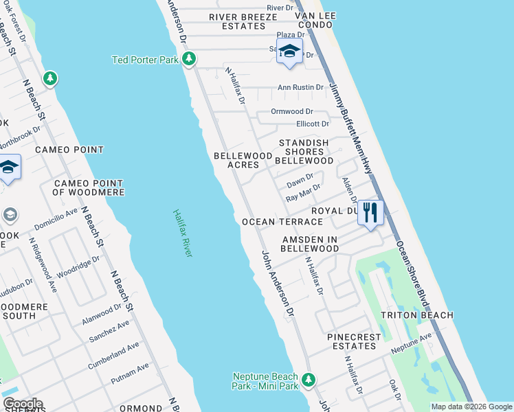 map of restaurants, bars, coffee shops, grocery stores, and more near 752 North Halifax Drive in Ormond Beach