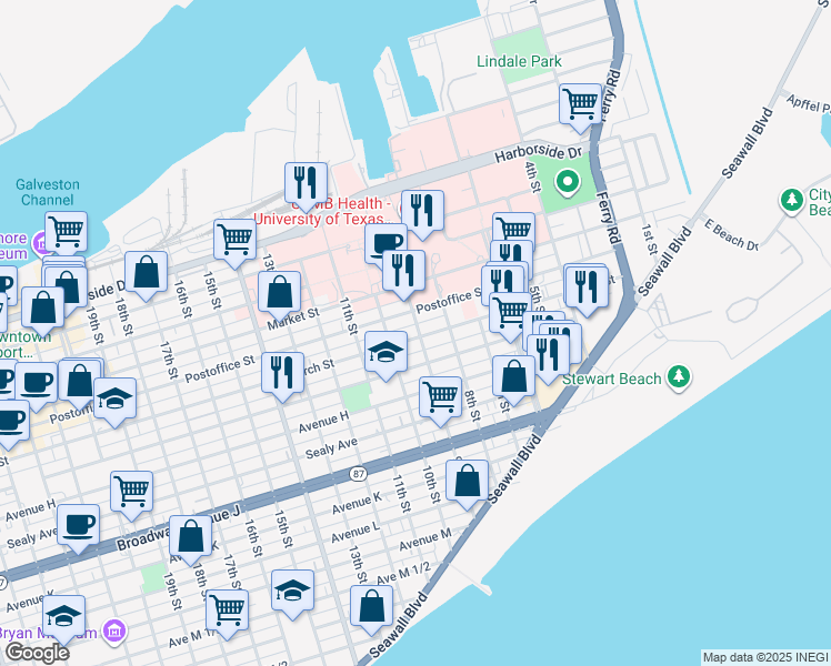 map of restaurants, bars, coffee shops, grocery stores, and more near 901 Postoffice Street in Galveston
