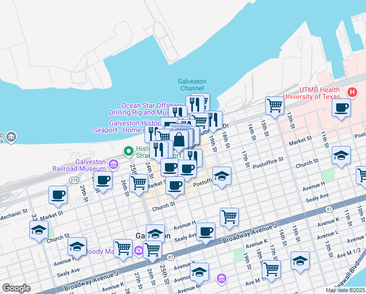 map of restaurants, bars, coffee shops, grocery stores, and more near 2121 Harborside Drive in Galveston