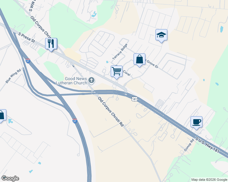 map of restaurants, bars, coffee shops, grocery stores, and more near 10848 U.S. 181 in San Antonio