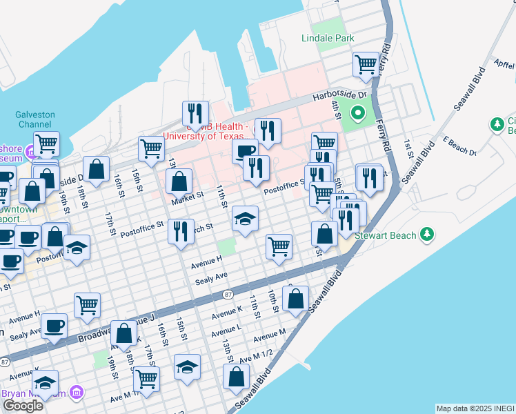 map of restaurants, bars, coffee shops, grocery stores, and more near 901 Postoffice Street in Galveston