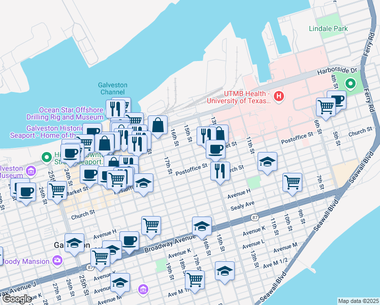 map of restaurants, bars, coffee shops, grocery stores, and more near 1501 Mechanic Street in Galveston