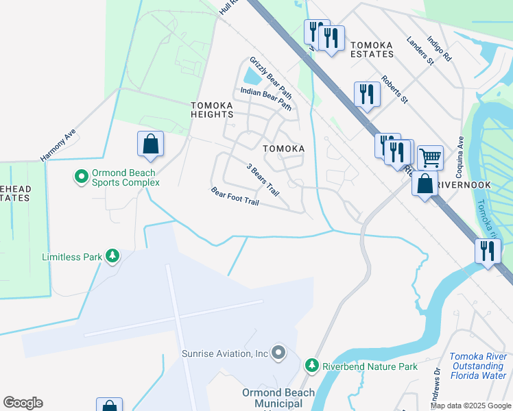 map of restaurants, bars, coffee shops, grocery stores, and more near 178 Bear Foot Trail in Ormond Beach