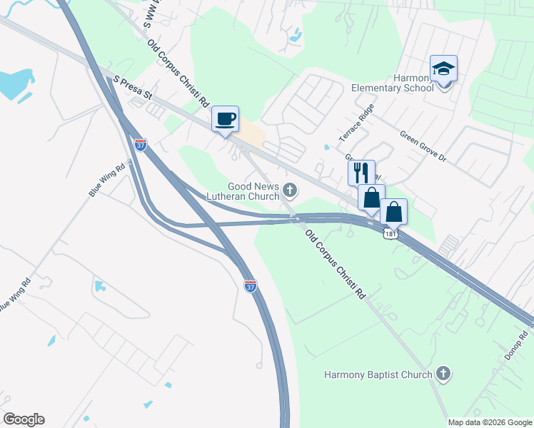 map of restaurants, bars, coffee shops, grocery stores, and more near 11021 Old Corpus Christi Highway in San Antonio