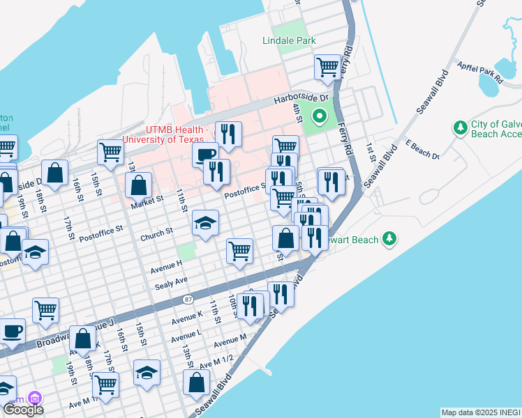map of restaurants, bars, coffee shops, grocery stores, and more near 617 Church Street in Galveston