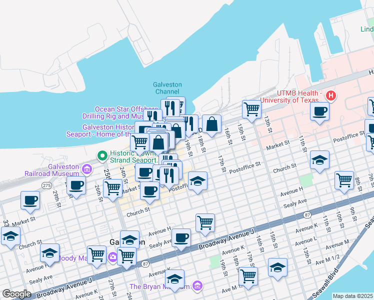 map of restaurants, bars, coffee shops, grocery stores, and more near 1827 Avenue B in Galveston