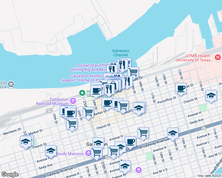 map of restaurants, bars, coffee shops, grocery stores, and more near 144 22nd Street in Galveston