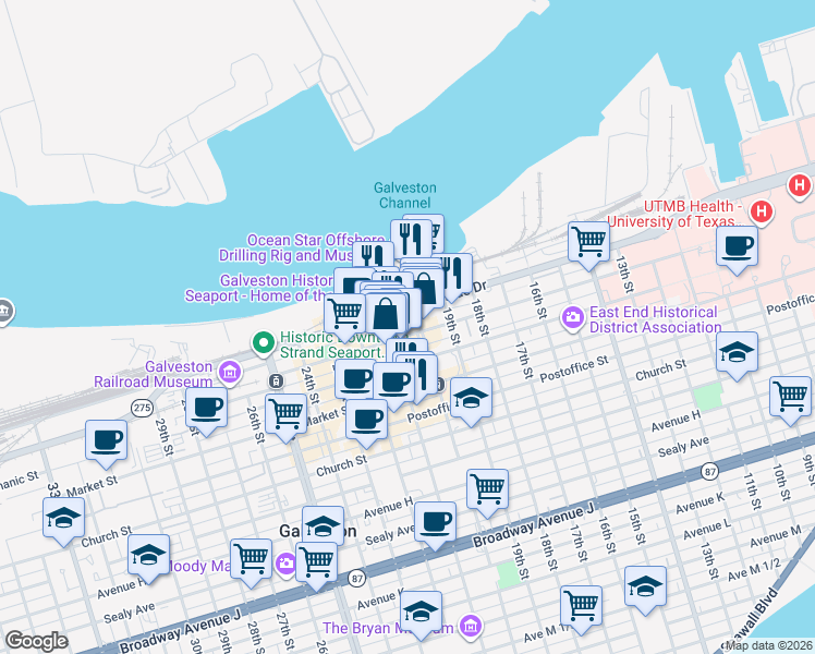 map of restaurants, bars, coffee shops, grocery stores, and more near 114 20th Street in Galveston