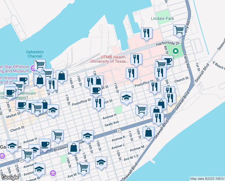 map of restaurants, bars, coffee shops, grocery stores, and more near 1118 Post Office Street in Galveston