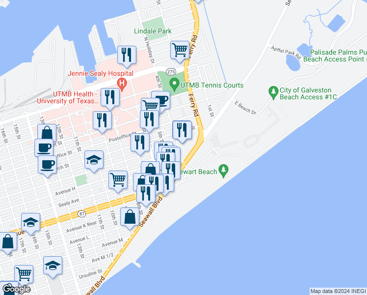 map of restaurants, bars, coffee shops, grocery stores, and more near 712 Holiday Drive in Galveston