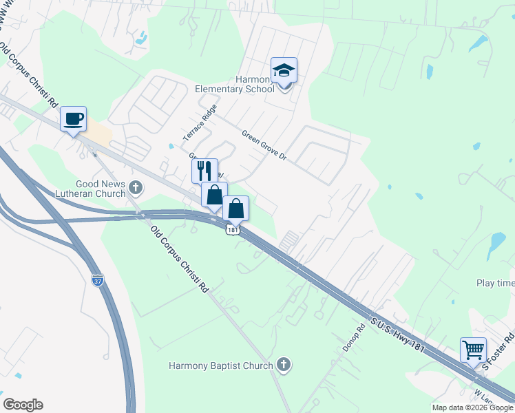 map of restaurants, bars, coffee shops, grocery stores, and more near 10842 Green Lake Street in San Antonio