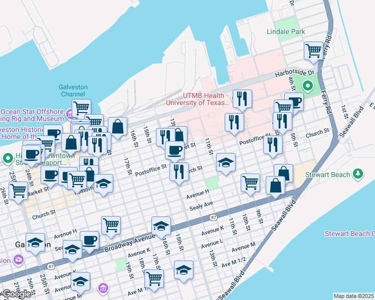 map of restaurants, bars, coffee shops, grocery stores, and more near 1217 Market Street in Galveston