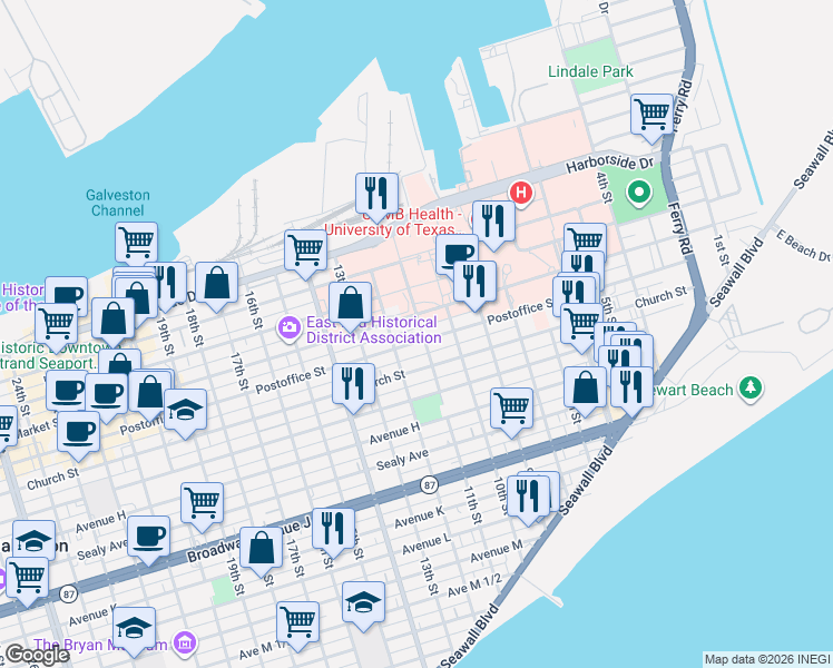 map of restaurants, bars, coffee shops, grocery stores, and more near 1115 Market Street in Galveston