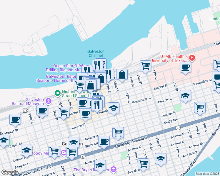 map of restaurants, bars, coffee shops, grocery stores, and more near 1827 Avenue B in Galveston