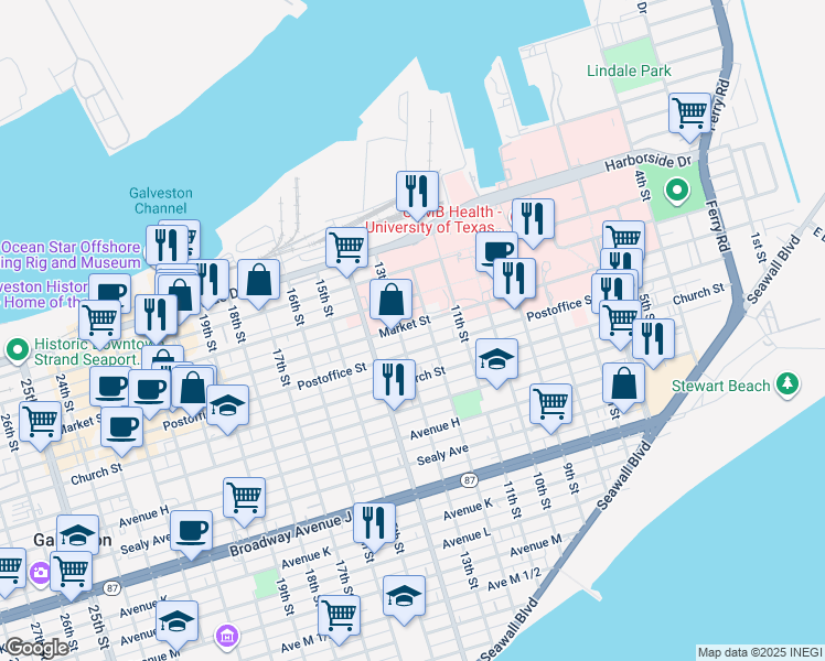 map of restaurants, bars, coffee shops, grocery stores, and more near 1217 Market Street in Galveston
