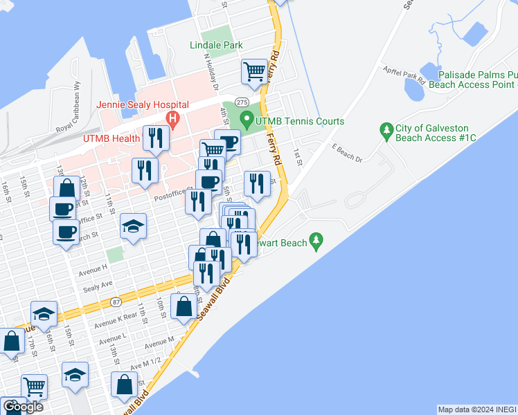 map of restaurants, bars, coffee shops, grocery stores, and more near 722 Holiday Drive in Galveston