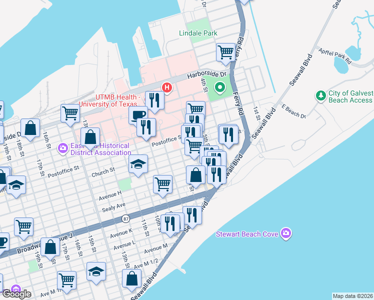 map of restaurants, bars, coffee shops, grocery stores, and more near 615 Church Street in Galveston