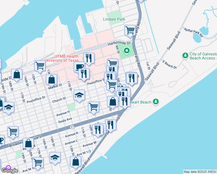 map of restaurants, bars, coffee shops, grocery stores, and more near 617 Church Street in Galveston