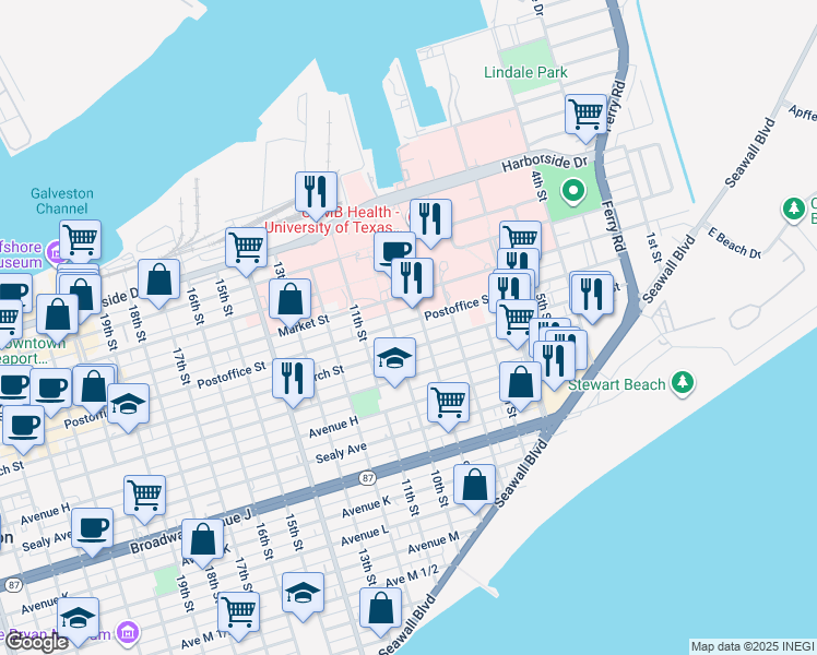 map of restaurants, bars, coffee shops, grocery stores, and more near 901 Postoffice Street in Galveston