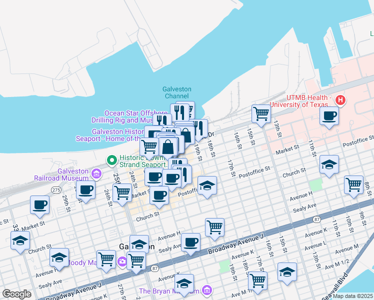map of restaurants, bars, coffee shops, grocery stores, and more near 114 20th Street in Galveston